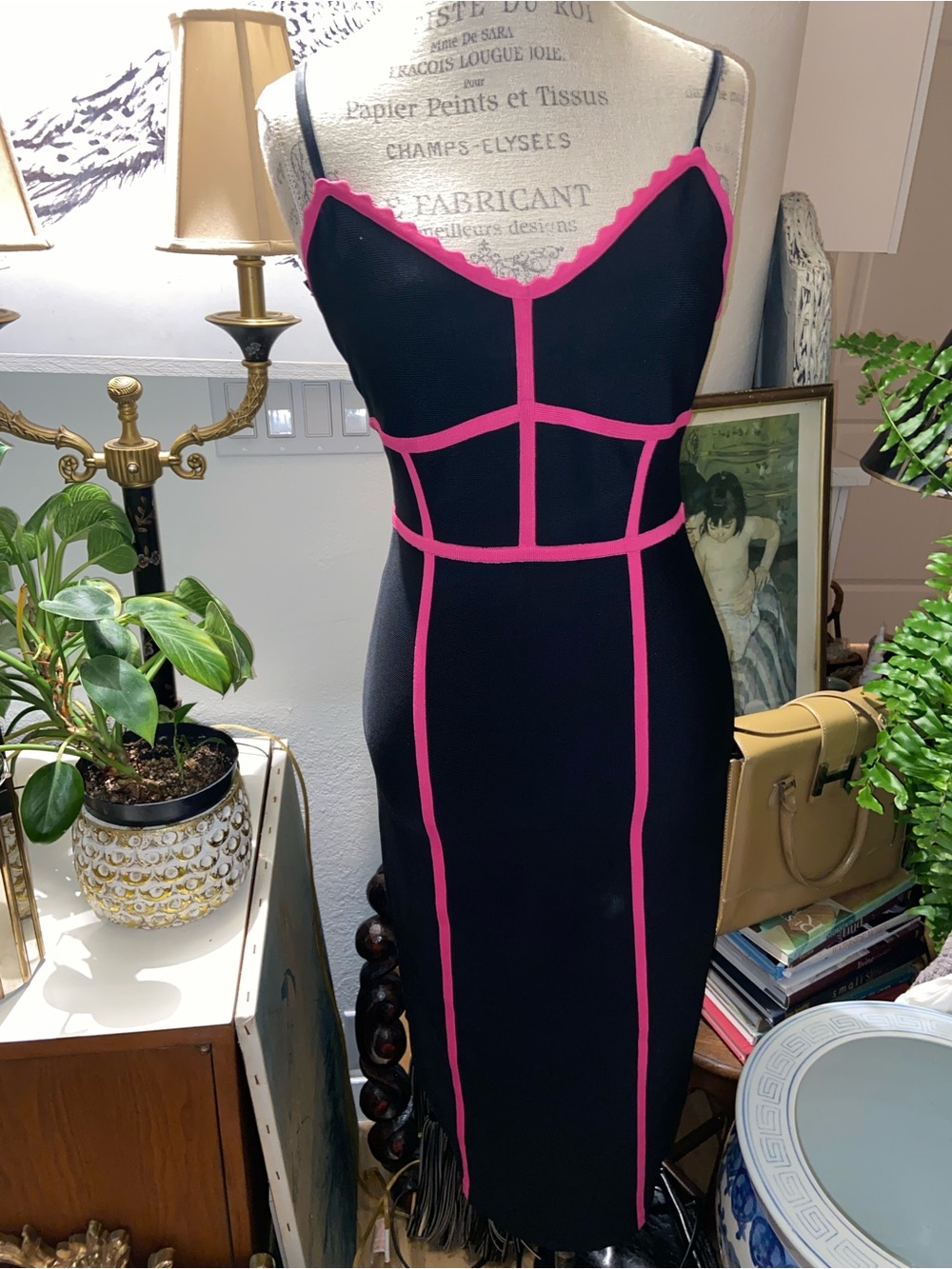 BCBGMaxAzria Black Midi Bodycon Dress with Pink Piping